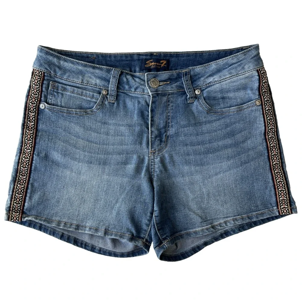 7 Shorts Denim Womens 10 High Waist Embroidered Boho Stretch Medium Wash